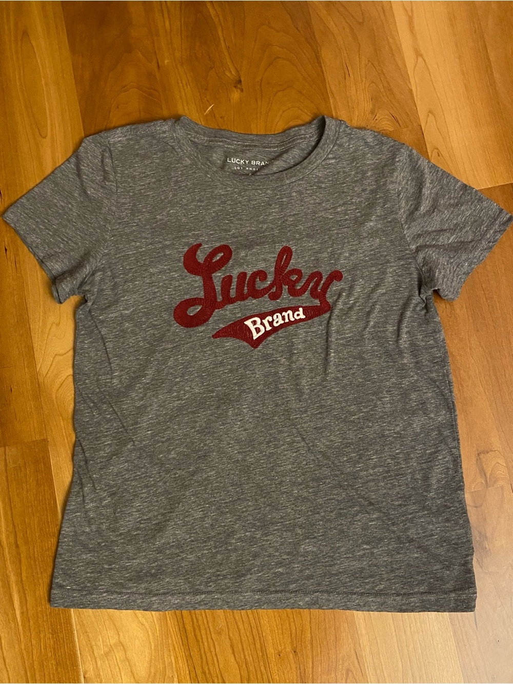 Lucky Brand Classic Tee - Gray with Burgundy Script Logo